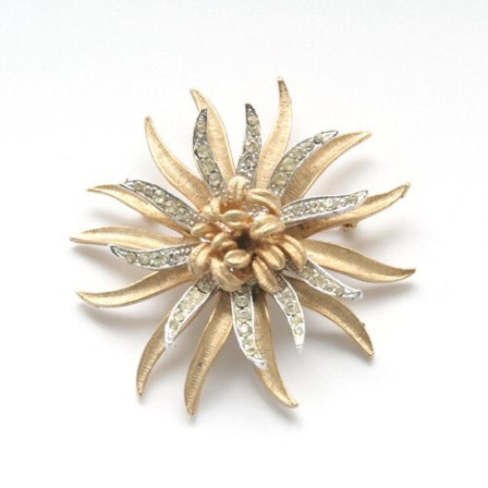 Vintage Coro Gold, Silver and Rhinestone Flower Pin